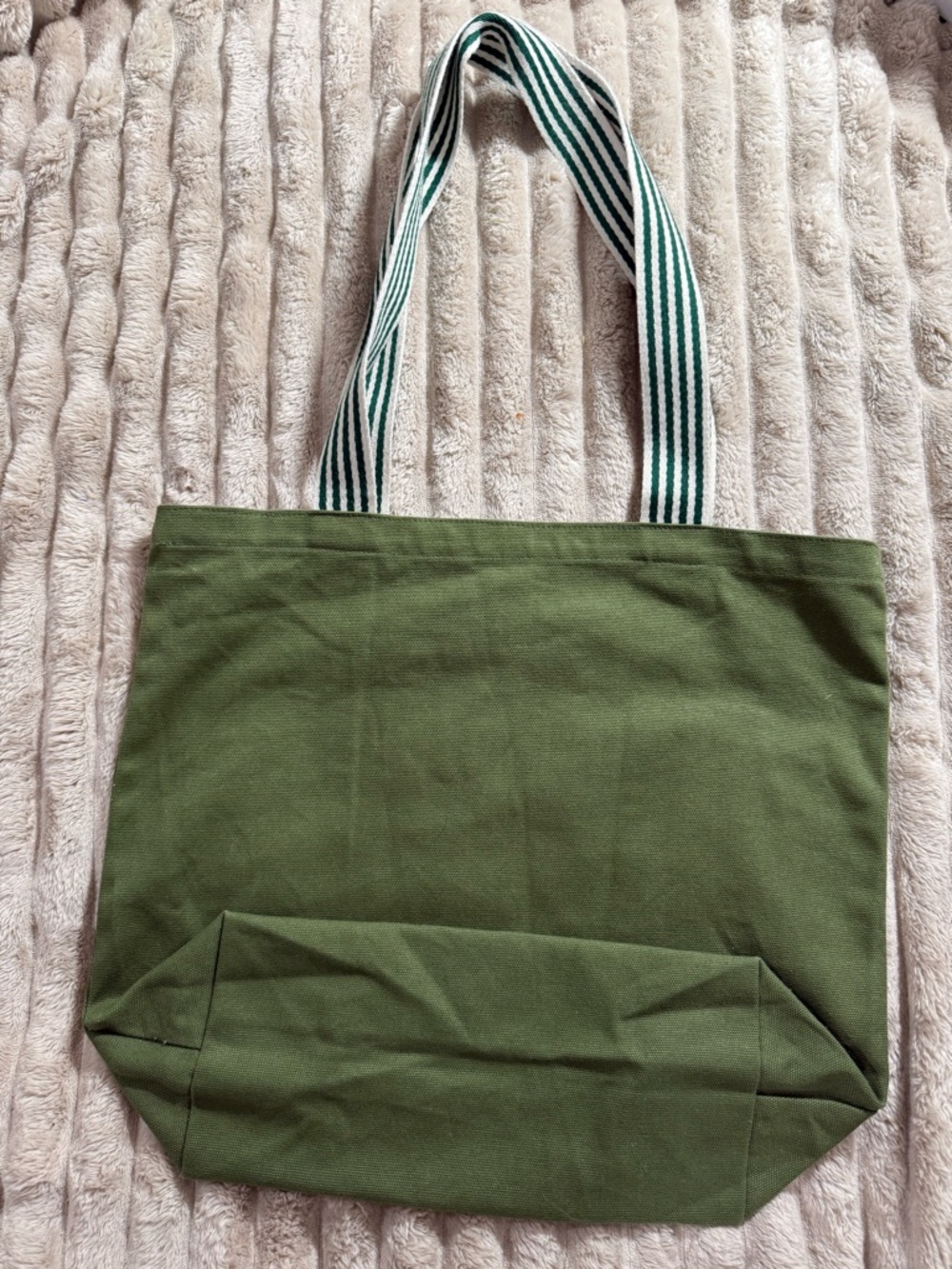 Groceries & Shit Olive Canvas Tote with Striped Handles - Picture 2 of 4